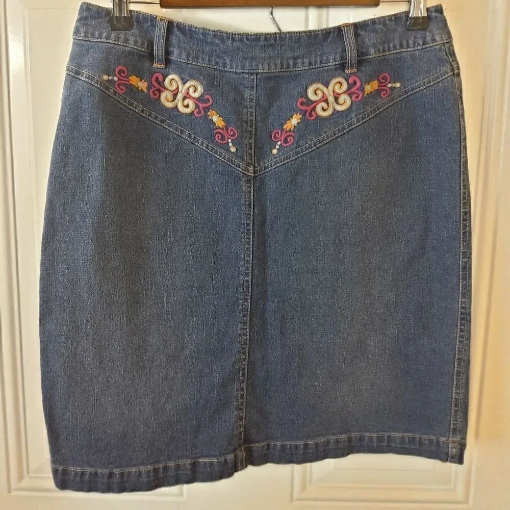 Orange Blue vintage embroidered denim skirt
